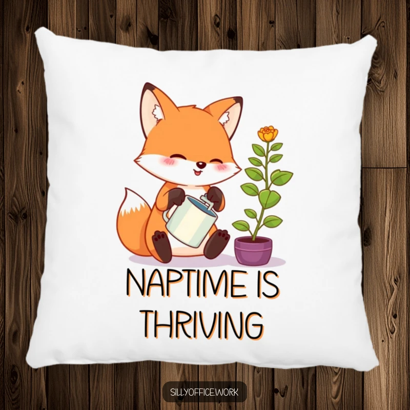 Funny kawaii fox pillow, enthusiastically watering a tiny office plant, a cute and comfortable addition to any home.