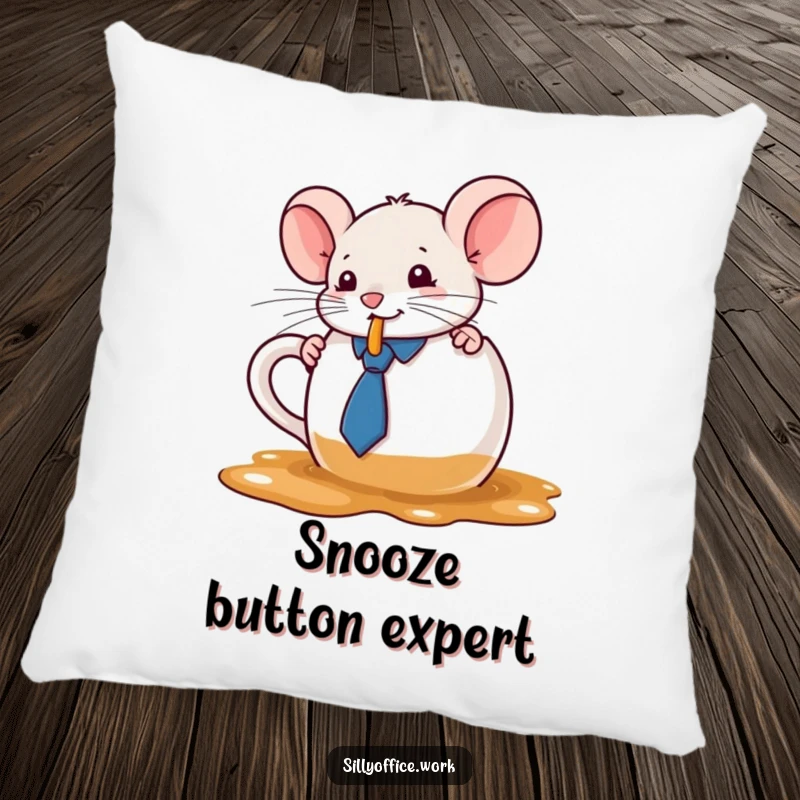 Funny kawaii mouse wearing a tie, spilling coffee from an oversized mug, on a soft pillow, providing cute comfort.