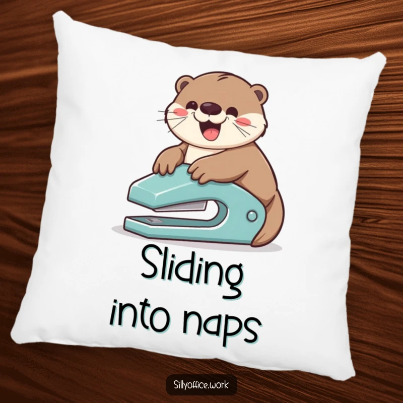 Funny pillow: A playful otter gleefully slides down a stapler, offering soft, humorous comfort and charm.