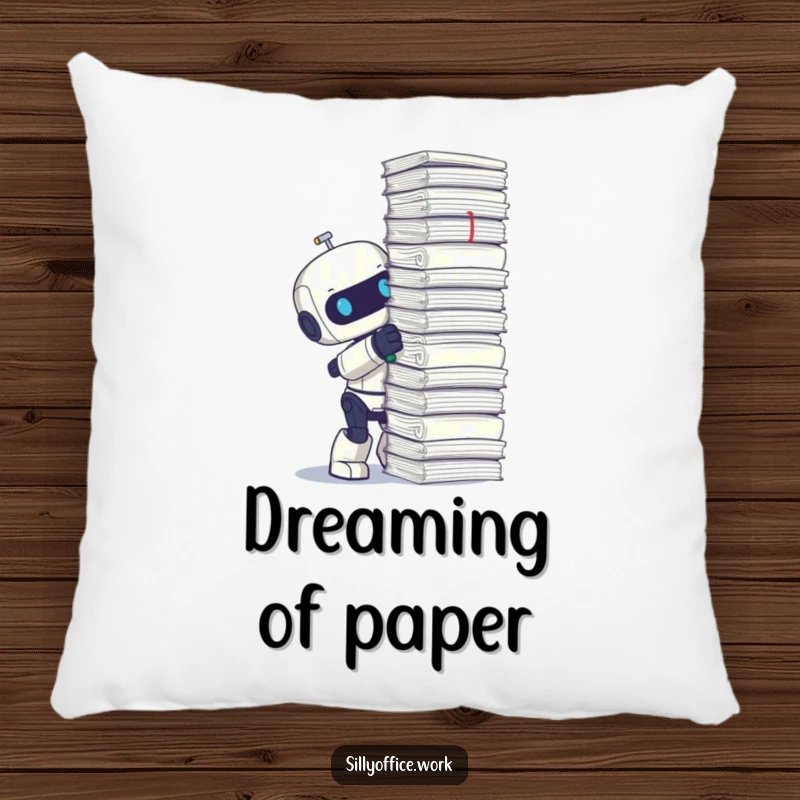 Funny pillow with a cute robot energetically stapling a very tall stack of papers, bringing comfort and humor.