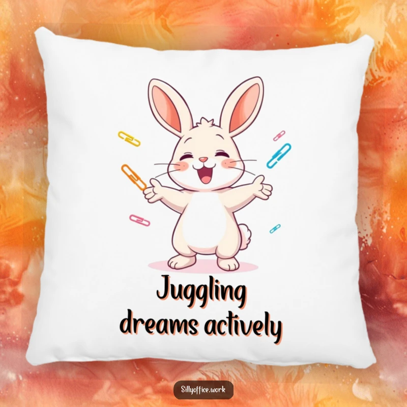 Funny pillow: A cheerful bunny excitedly juggles colorful paper clips, offering soft, humorous comfort and charm.