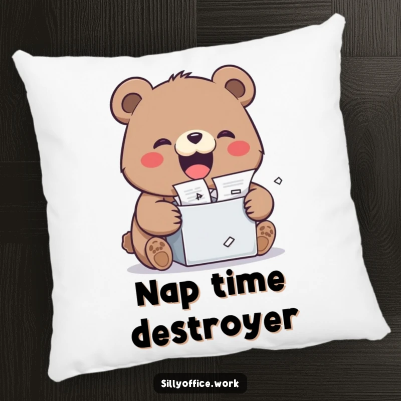 Funny kawaii bear shredding documents with a wide grin, on a soft pillow, providing cute comfort and stress relief.