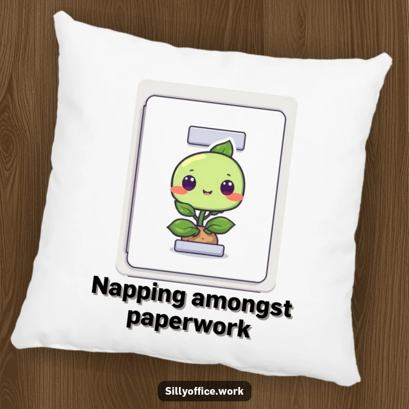 Funny and soft pillow featuring a curious plant peeking from a filing cabinet, perfect for adding comfort and a chuckle.