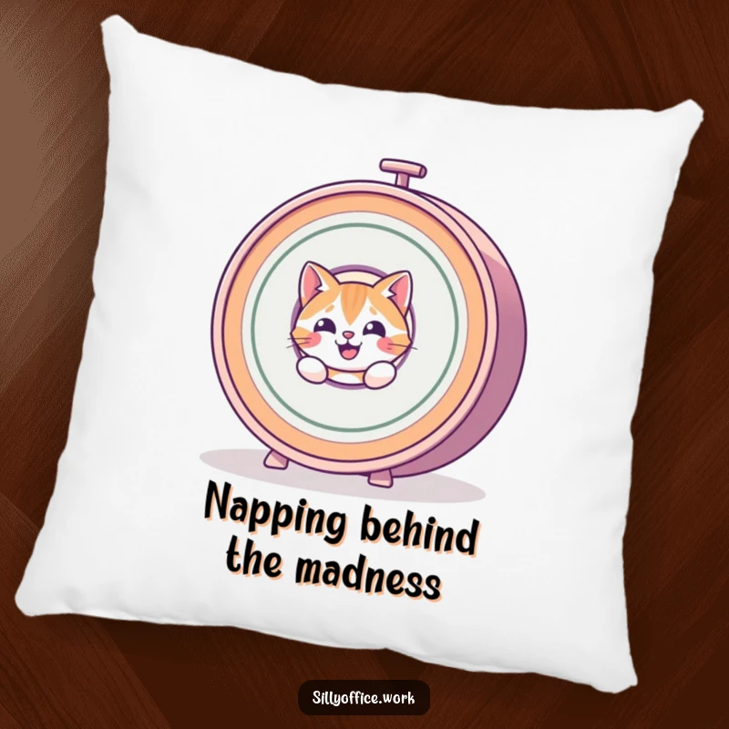 Funny Cat Pillow: A cheerful cat peeks from behind a whirring rolodex, bringing comfort and humor to any room.