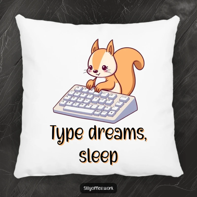 Funny kawaii squirrel typing on a large keyboard, on a soft pillow, providing cute comfort and focus.