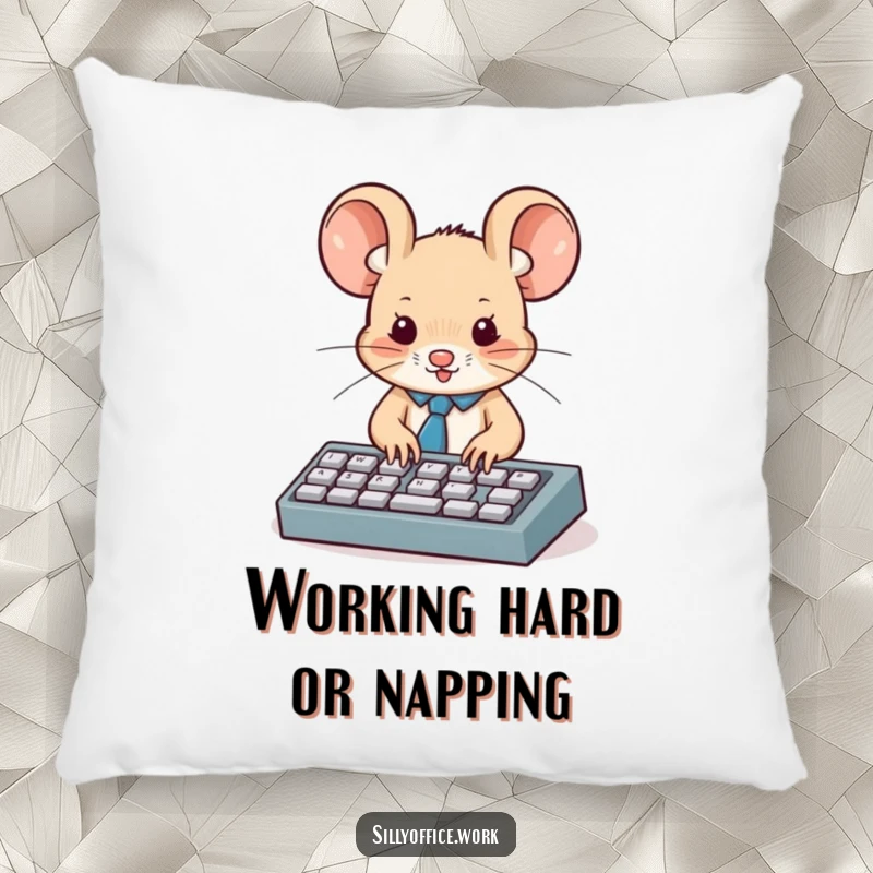 Funny pillow: A cute mouse wearing a tiny tie is busy typing on a miniature keyboard, offering cozy charm.