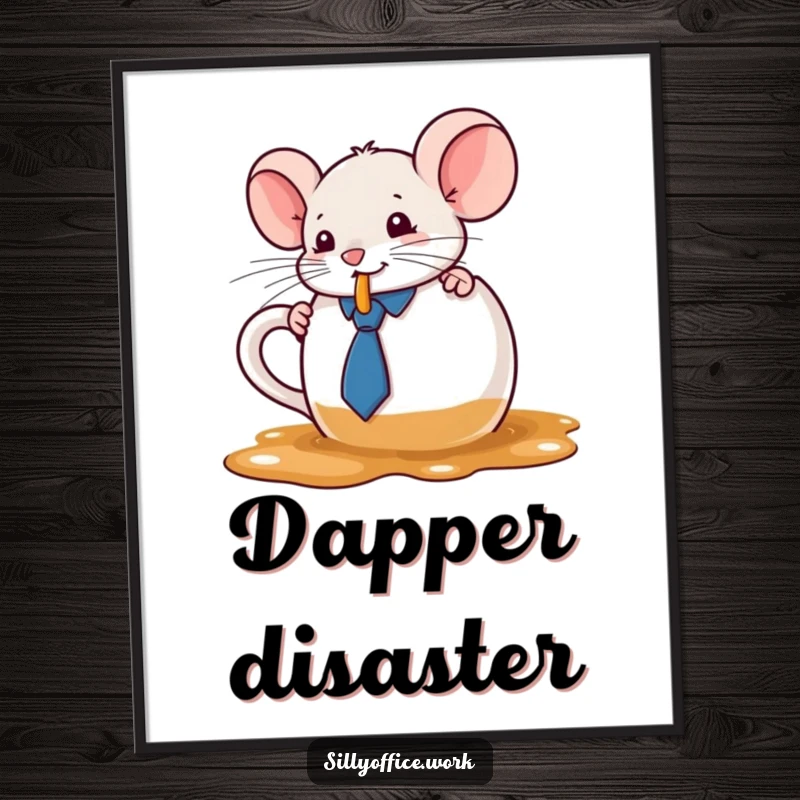 Funny kawaii mouse in a tie spilling coffee from a large mug, as a high-resolution digital art print, full of cute humor.
