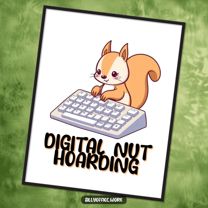 Funny kawaii squirrel diligently typing on a giant keyboard, as a high-resolution digital art print, full of cute focus.