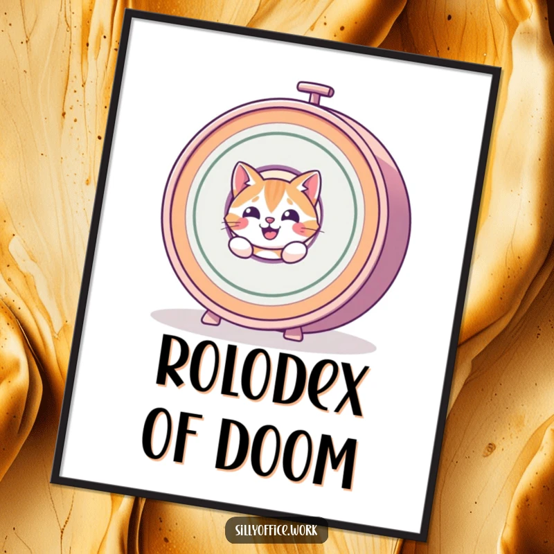 Funny Cat Digital Art Print: A curious cat peeks from a spinning rolodex, offering instant, humorous wall decor.