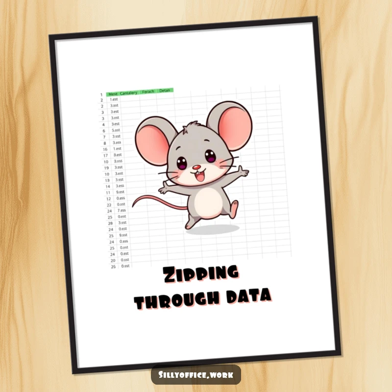 Funny digital art print of a smiling computer mouse character playfully zipping across a vast spreadsheet.