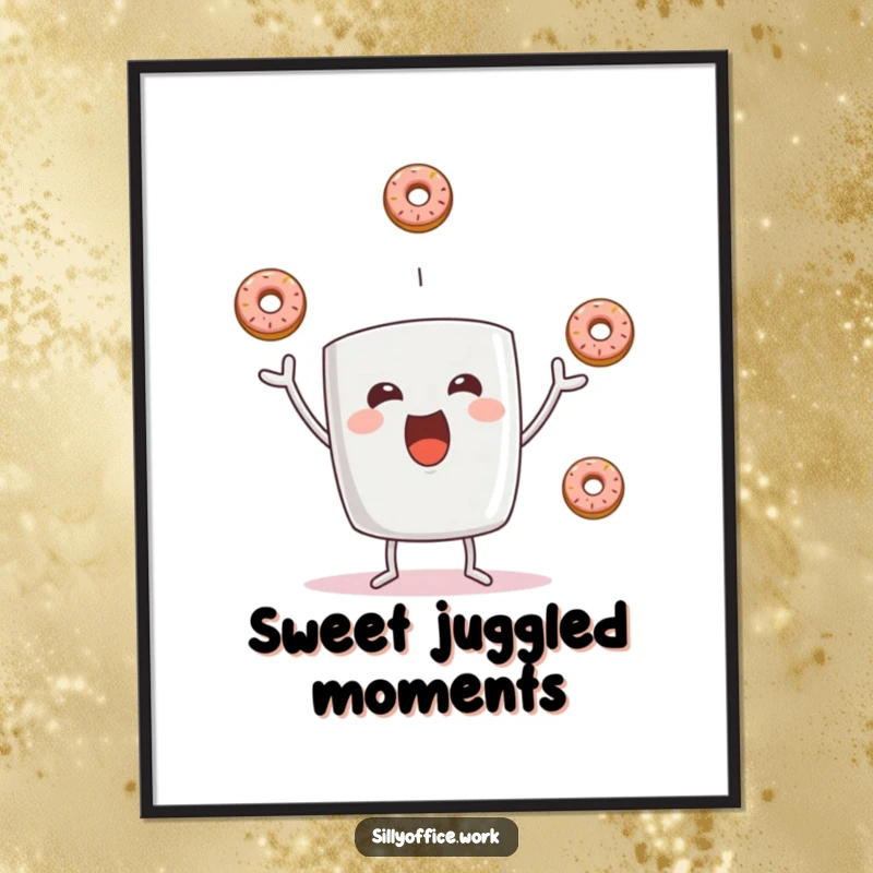 Funny digital art print of a happy coffee mug character performing a juggling act with three delicious donuts, instantly downloadable.