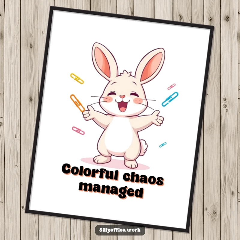Funny digital art print: A cheerful bunny juggles colorful paper clips with glee, offering instant humor and charm.