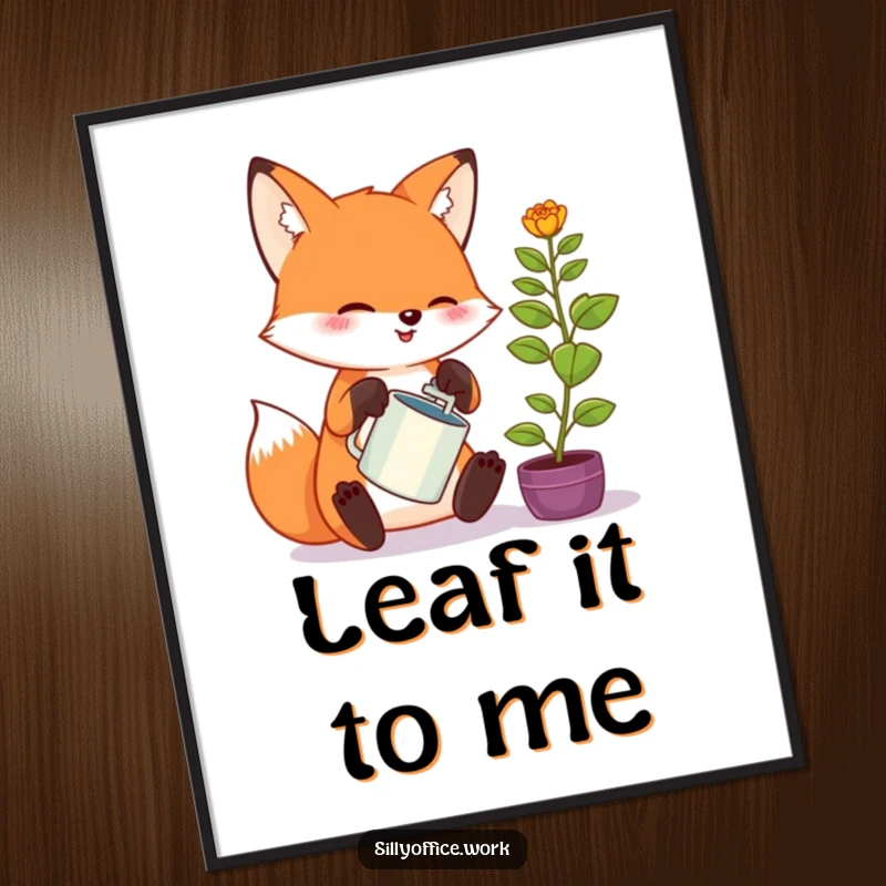 Funny kawaii fox digital art print, enthusiastically watering a tiny office plant, perfect for adding whimsical charm to any space.