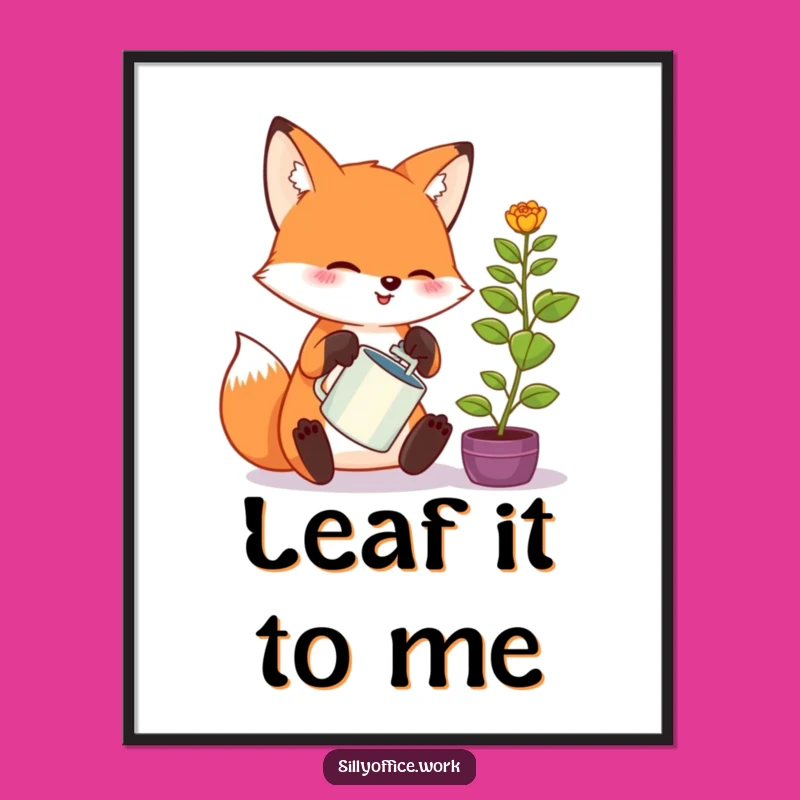 Funny Kawaii Fox Digital Art: Enthusiastic Plant Care Scene, Instant Humorous Decor