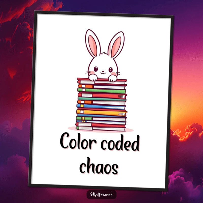 Funny kawaii rabbit peeking over a towering stack of colorful files, as a high-resolution digital art print, full of cute office humor.