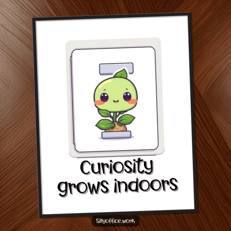 Funny digital art print of a curious plant peeking from a filing cabinet, instantly downloadable for quirky home decor.