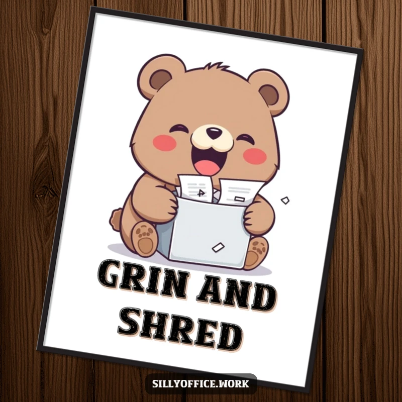 Funny kawaii bear enthusiastically shredding documents with a wide grin, as a high-resolution digital art print, full of cute stress relief.