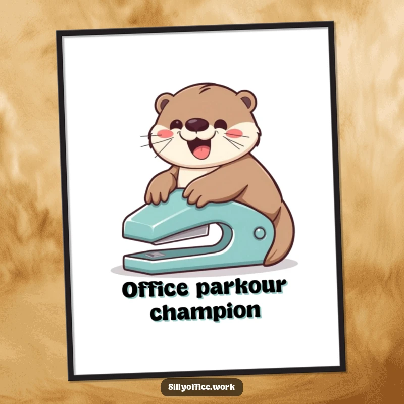 Funny digital art print: A playful otter slides down a stapler with glee, offering instant humor and charm.