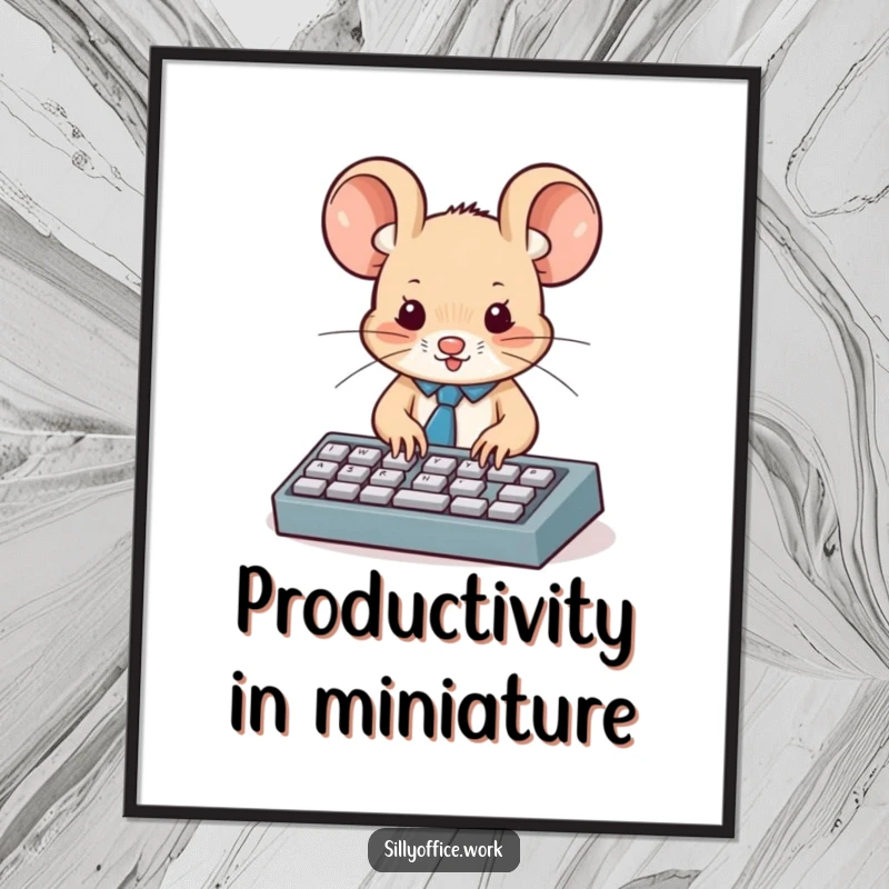 Funny digital art print: A cute mouse wearing a tiny tie types on a miniature keyboard, exuding professional charm.