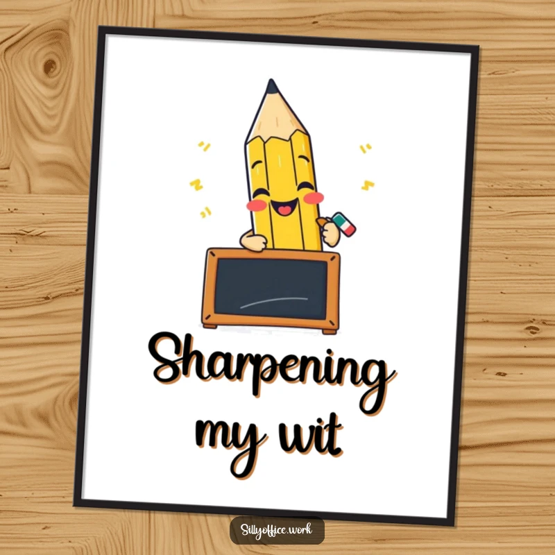 Funny digital art print of a cheerful pencil character scribbling furiously on a small blackboard.