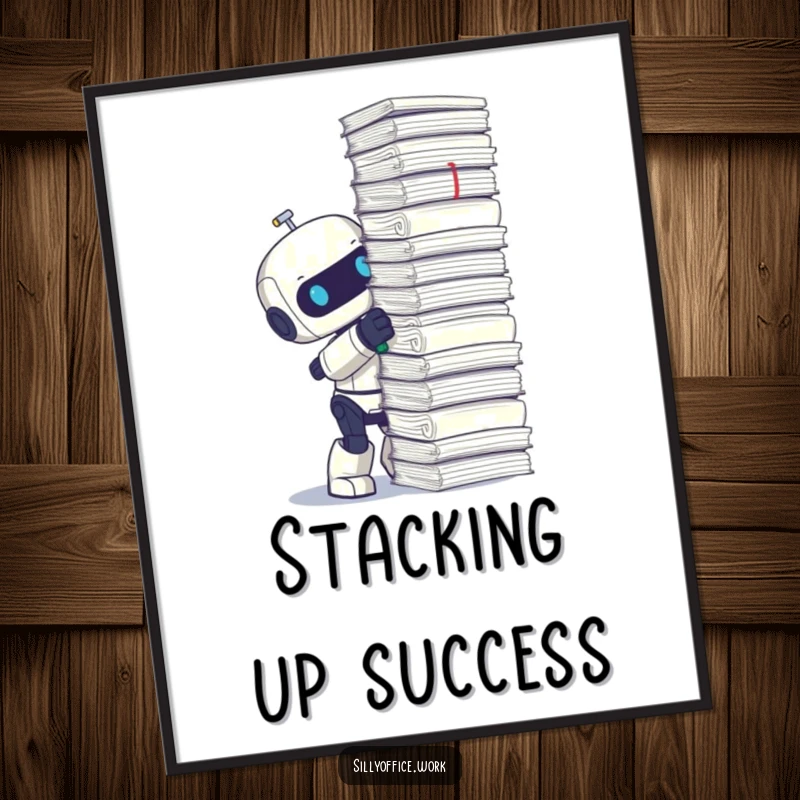 Funny digital art print of a cute robot with great enthusiasm stapling an incredibly tall stack of papers.
