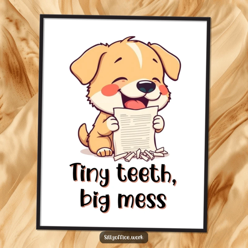 Funny Dog Digital Art Print: A small dog gleefully shreds a document, offering instant, humorous wall decor.