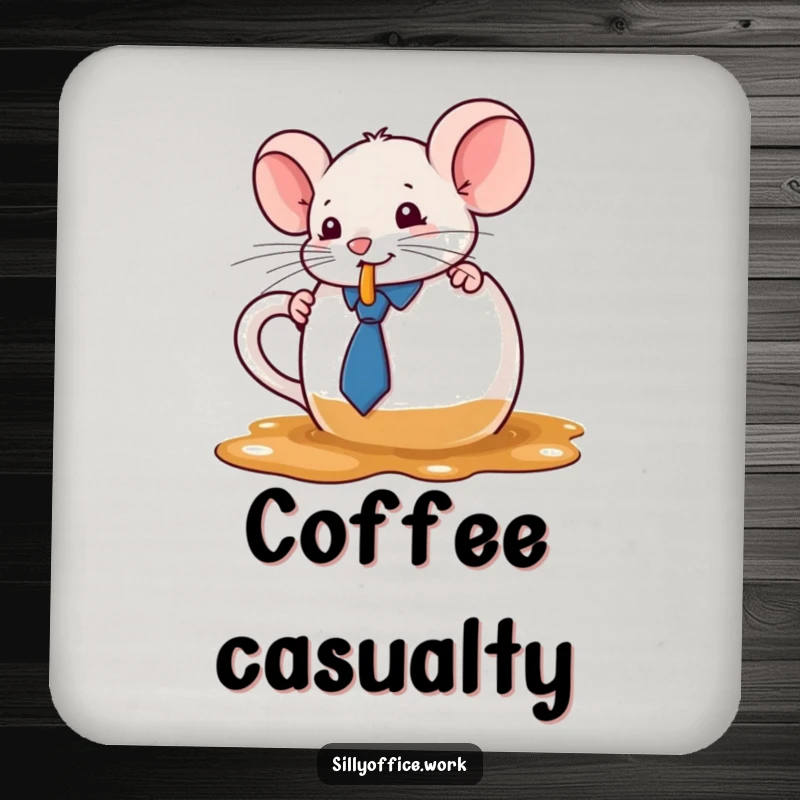 Funny kawaii mouse wearing a tie, spilling coffee from an oversized mug, on a protective drink coaster, adding cute charm.