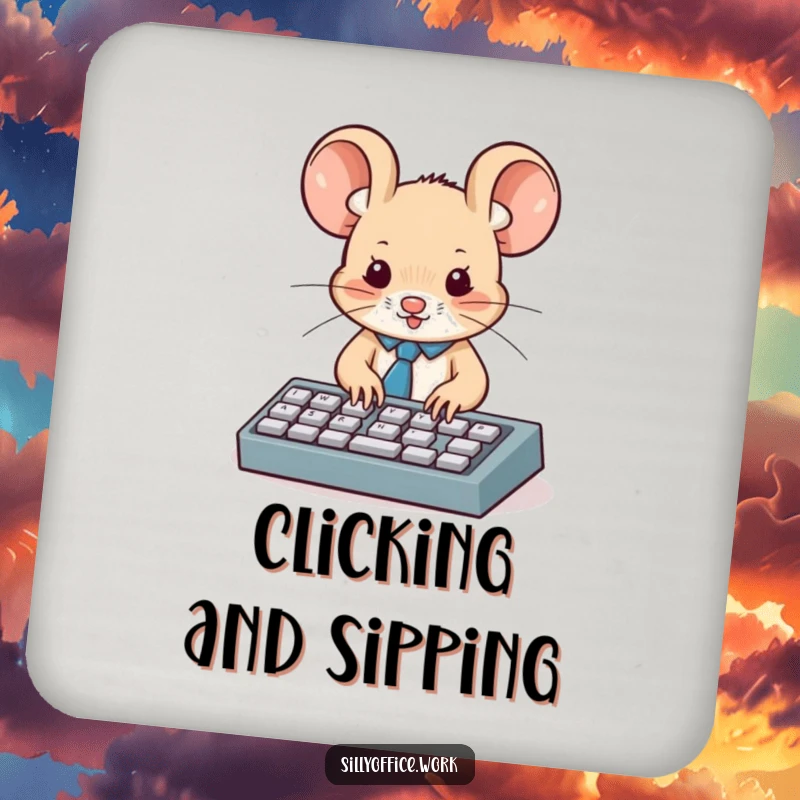 Funny coaster: A cute mouse in a tiny tie types on a miniature keyboard, adding a touch of professional humor.