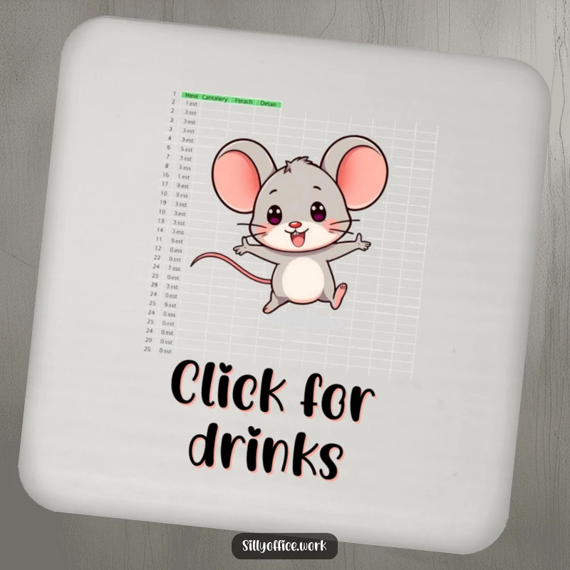 Funny drink coaster with a smiling computer mouse character playfully zipping across a large spreadsheet.