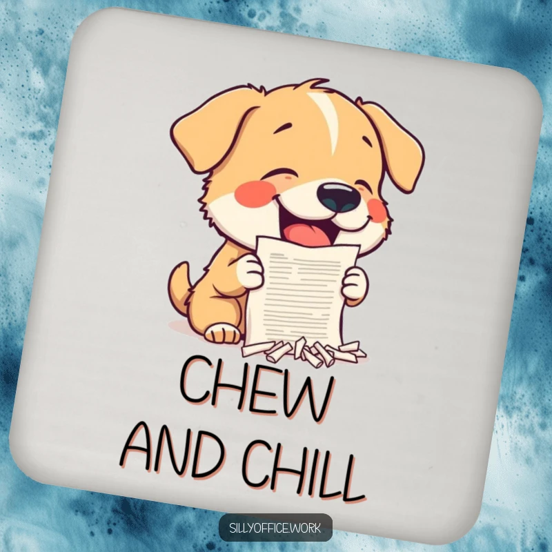 Funny Dog Coaster: A small dog enthusiastically shreds a miniature document, adding humor to drinks.