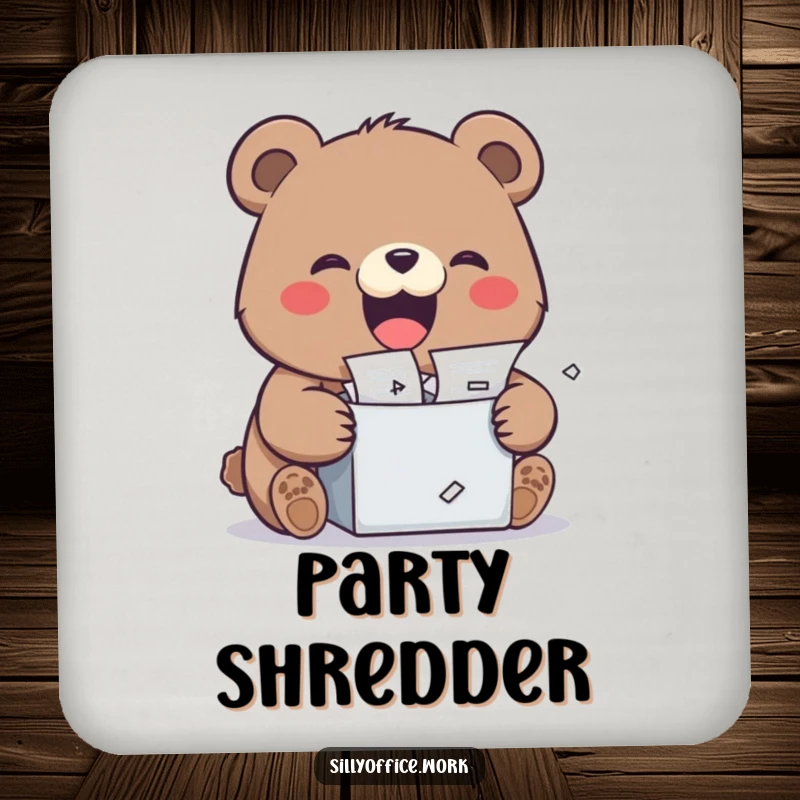 Funny kawaii bear shredding documents with a wide grin, on a protective drink coaster, adding cute stress relief charm.