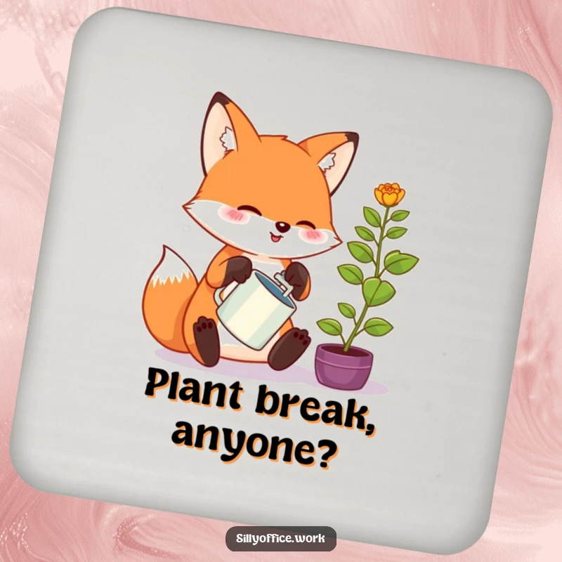 Funny kawaii fox drink coaster, enthusiastically watering a tiny office plant, a cute and functional accessory for your table.