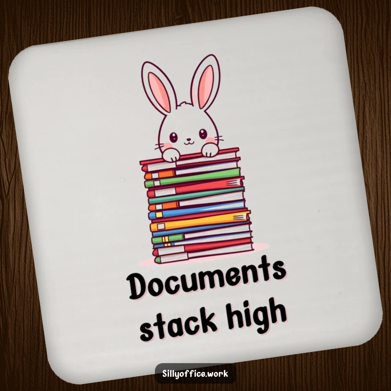 Funny kawaii rabbit peeking over a towering stack of colorful files, on a protective drink coaster, adding cute office charm.