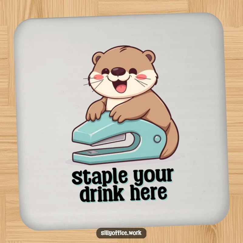 Funny coaster: A playful otter gleefully slides down a stapler, adding a touch of humorous charm to your drinks.