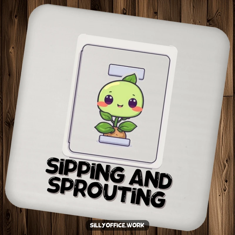 Funny drink coaster featuring a curious plant peeking from a filing cabinet, adding a humorous touch to beverage placement.