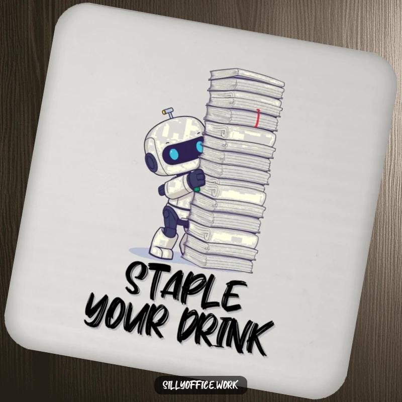 Funny drink coaster depicting a cute robot enthusiastically stapling a ridiculously tall stack of papers.