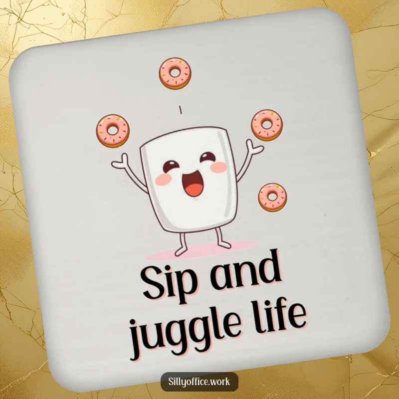 Funny drink coaster with a cheerful coffee mug character juggling three tiny donuts, adding humor to beverage placement.