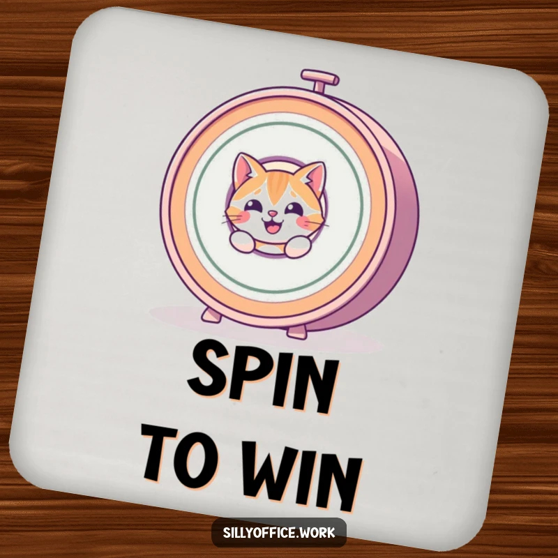 Funny Cat Coaster: A cute cat peeks from behind a spinning rolodex, adding a humorous touch to drinks.