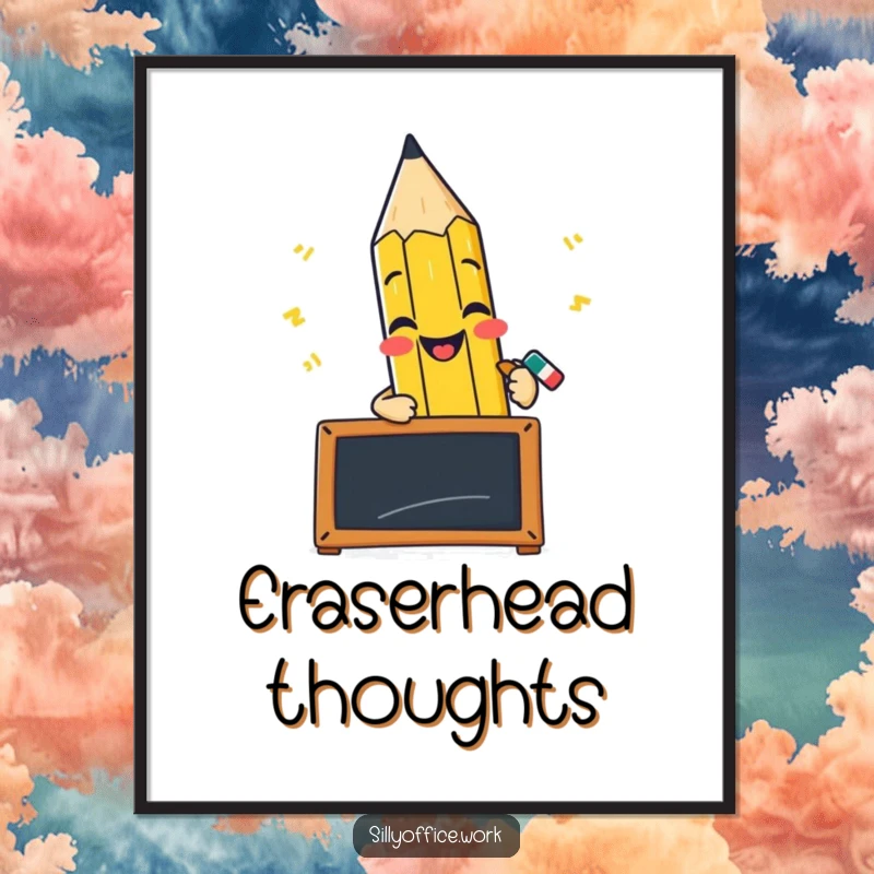 Funny poster art of a cheerful pencil character scribbling furiously on a small blackboard, symbolizing thought.