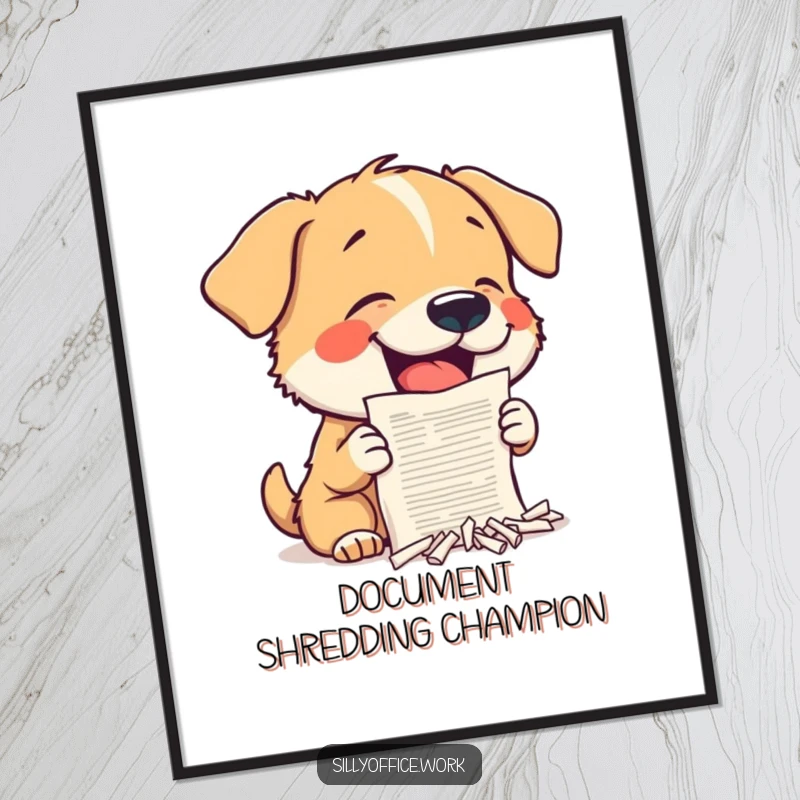 Funny Dog Poster: A small dog eagerly shreds a miniature document, creating a humorous and eye-catching piece of art.