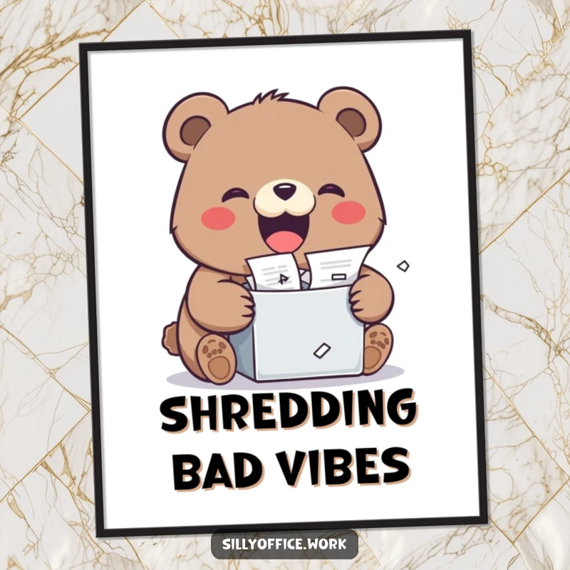 Funny kawaii bear enthusiastically shredding documents with a wide grin, presented as wall art, a humorous and cathartic print.