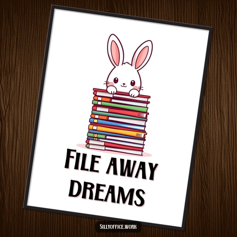 Funny kawaii rabbit peeking over a towering stack of colorful files, presented as wall art, a humorous and charming print.