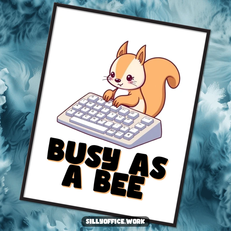 Funny kawaii squirrel typing on a giant keyboard, presented as wall art, a humorous and inspiring print.