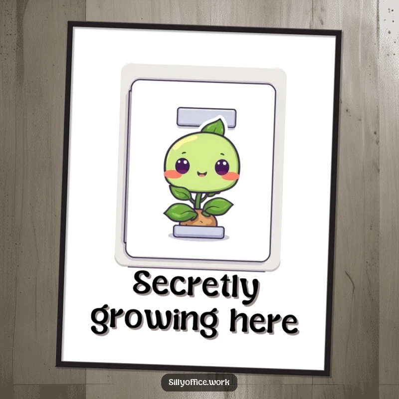 Funny poster art of a small, curious plant character emerging from an open filing cabinet drawer, designed to amuse.