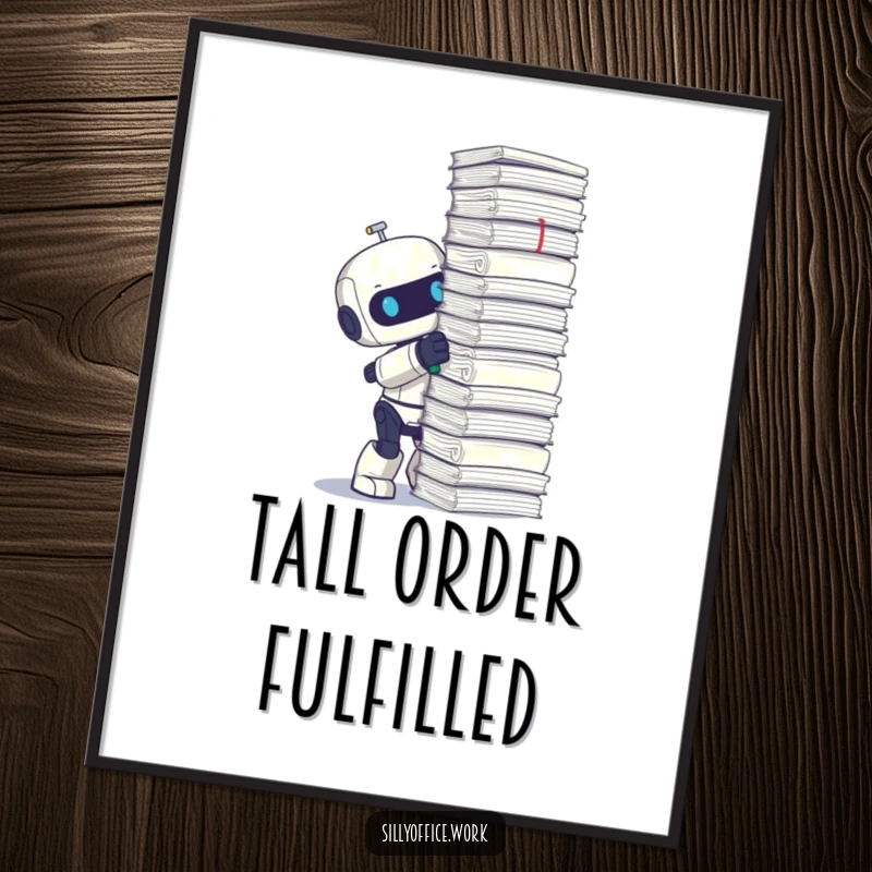 Funny poster featuring a cute robot enthusiastically stapling an extremely tall stack of papers, symbolizing diligence.