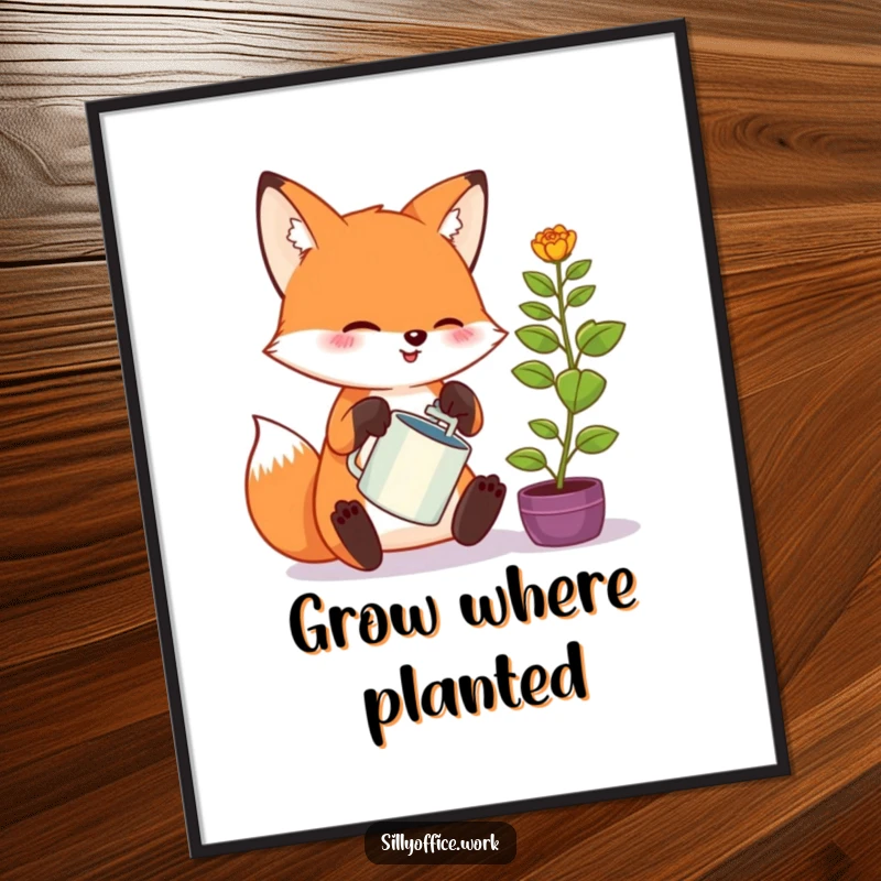 Funny kawaii fox poster, enthusiastically watering a tiny office plant, whimsical wall art to brighten any room.