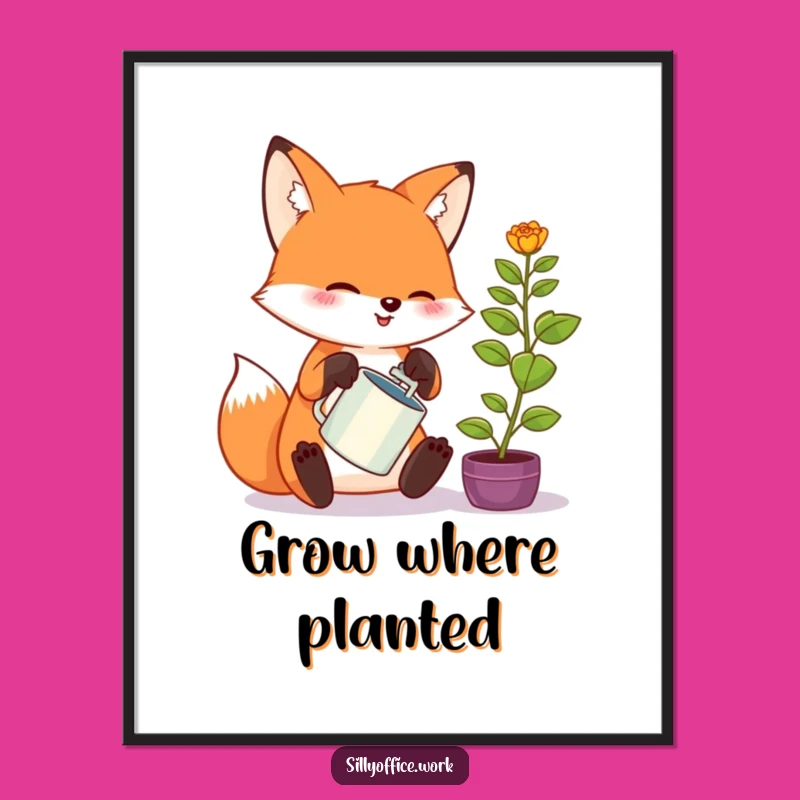 Funny Kawaii Fox Poster: Whimsical Office Plant Art, Hilarious Wall Decor Gift