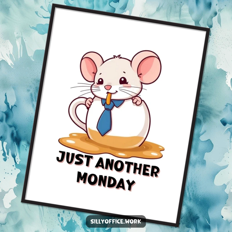 Funny kawaii mouse in a tie spilling coffee from a large mug, presented as wall art, a humorous and charming print.