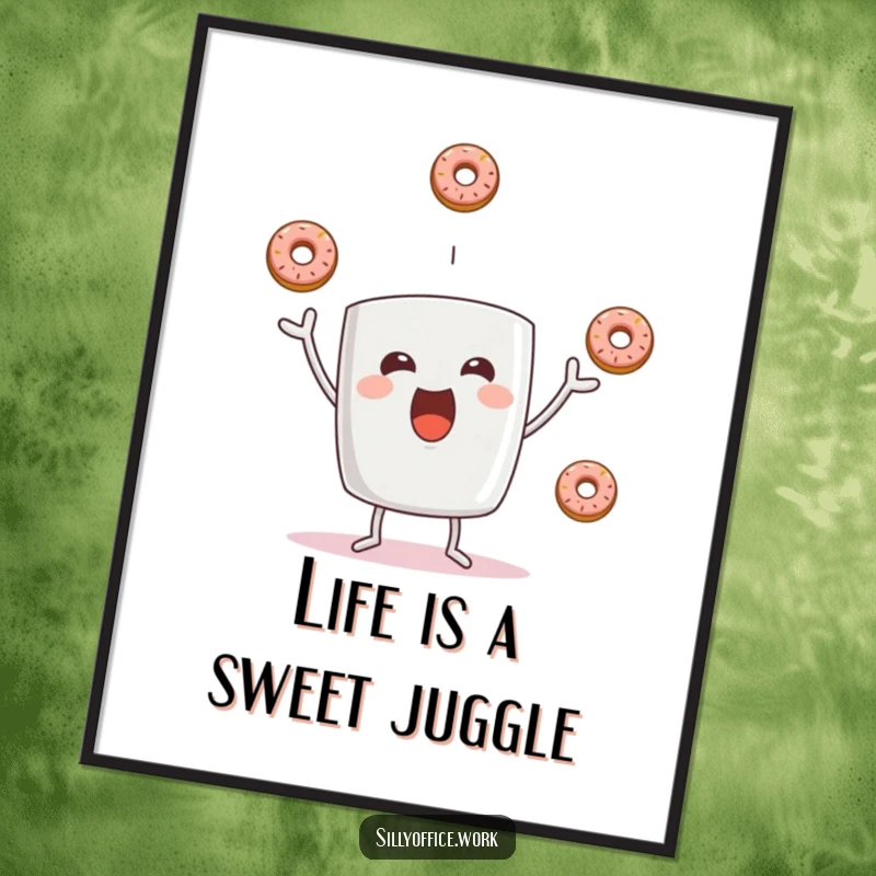Funny poster print showing an energetic coffee mug character mid-juggle with three tasty donuts against a vibrant background.