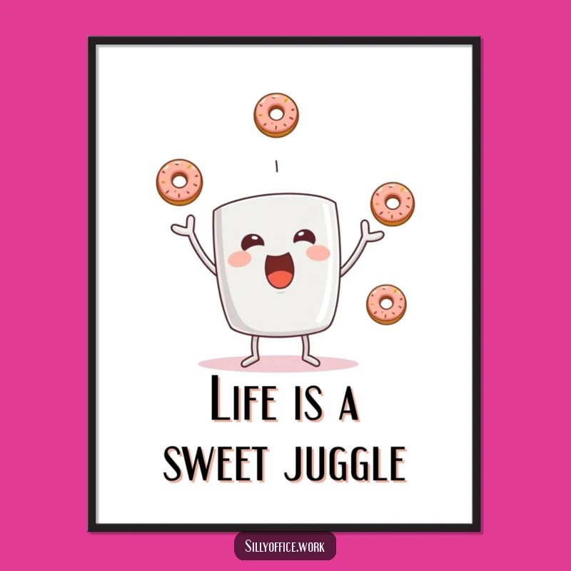 Funny Donut Juggling Mug Poster: Vibrant & Hilarious Wall Art for Joyful Decor
